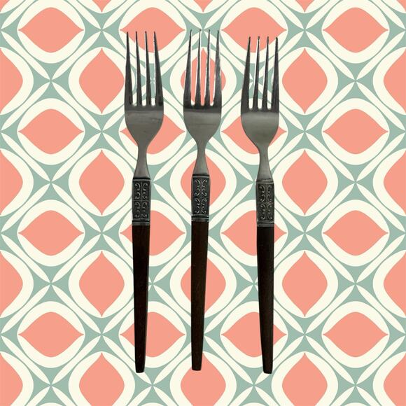 Ekco Eterna La Joya VTG Set 3 Dinner Forks Stainless Steel Faux Wood Flatware - Picture 1 of 7